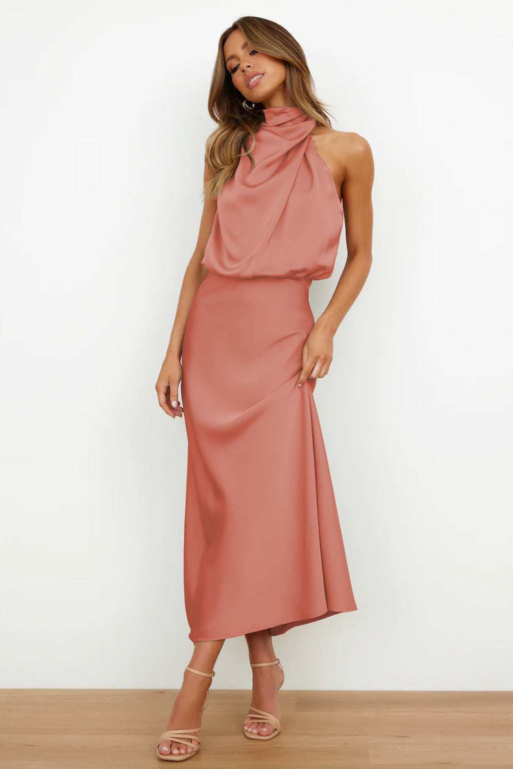 Valoria™ - Halter Neck Satin Maxi Dress