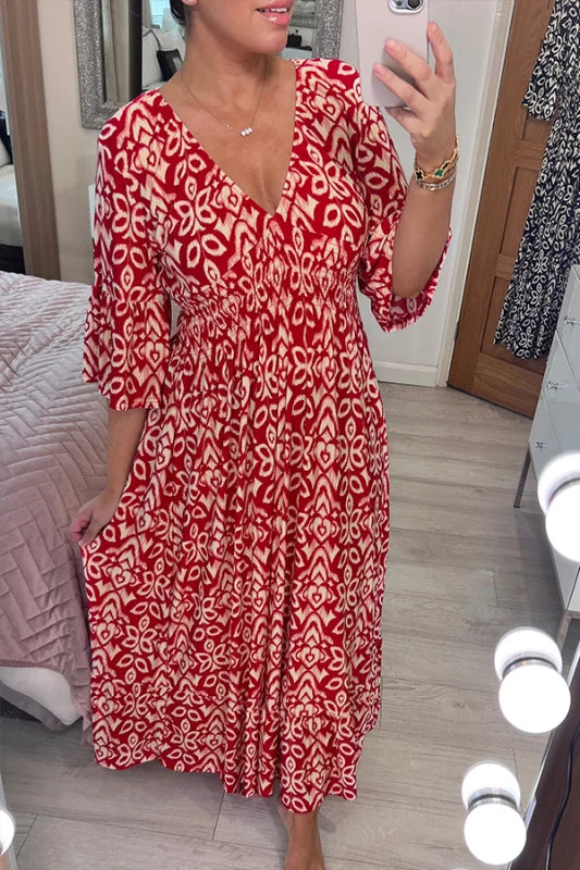 Bohemian casual print V-neck waist wrap long dress