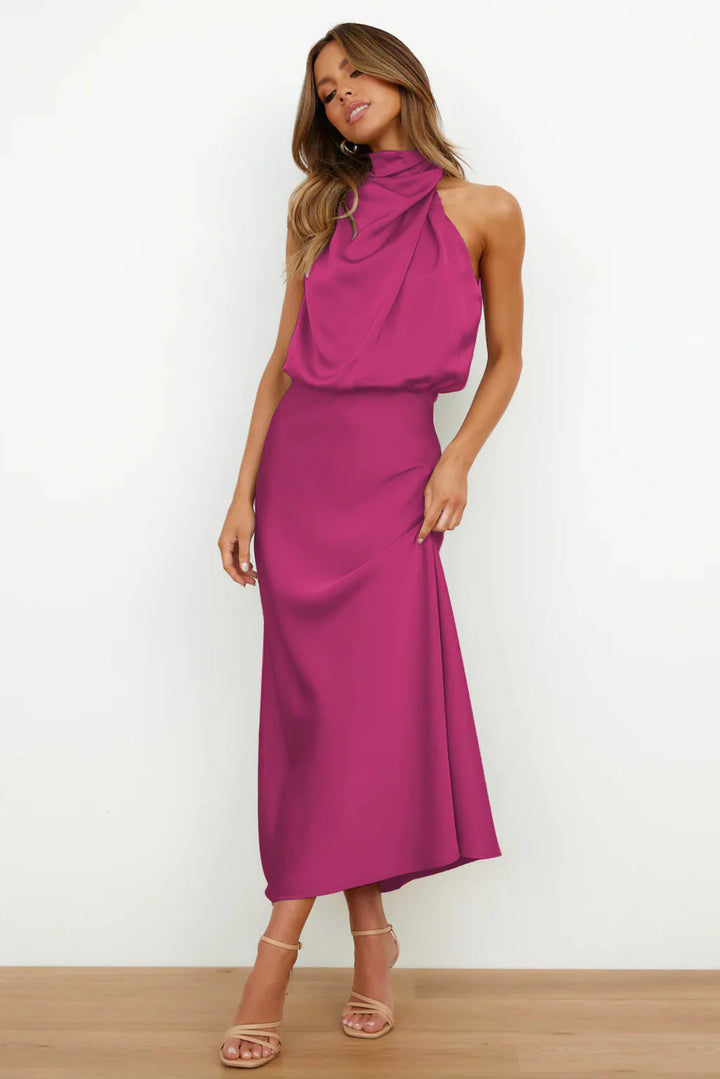 Valoria™ - Halter Neck Satin Maxi Dress