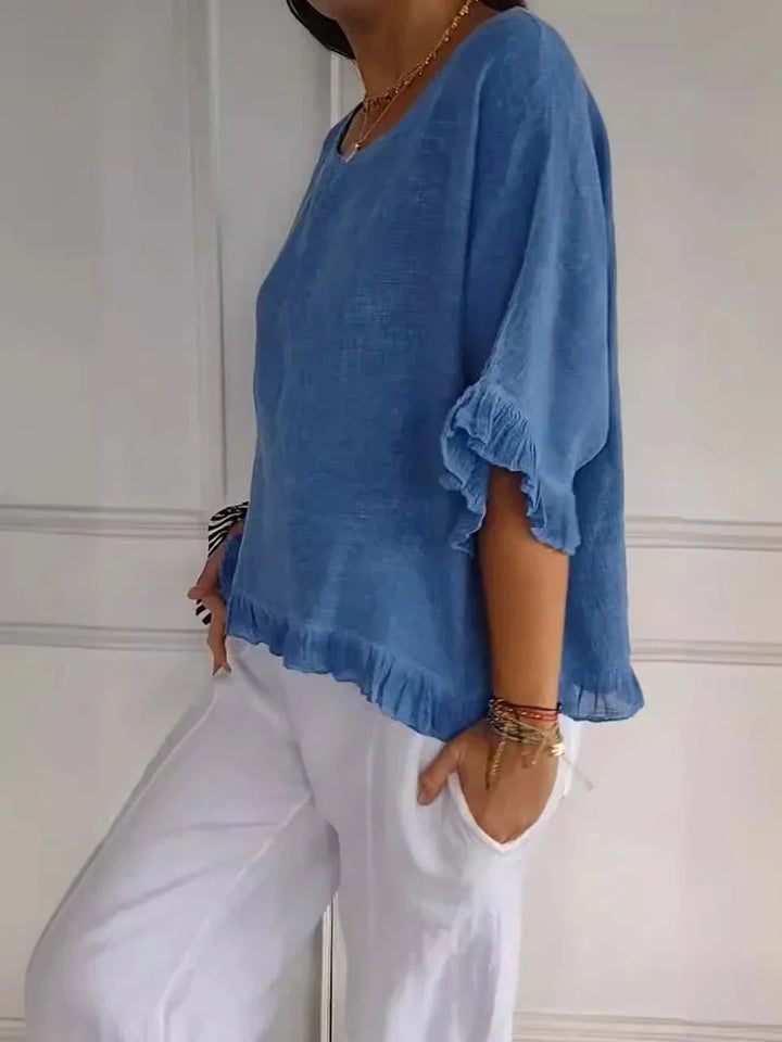 Blissan™ - Cotton Linen Blouse with Ruffles