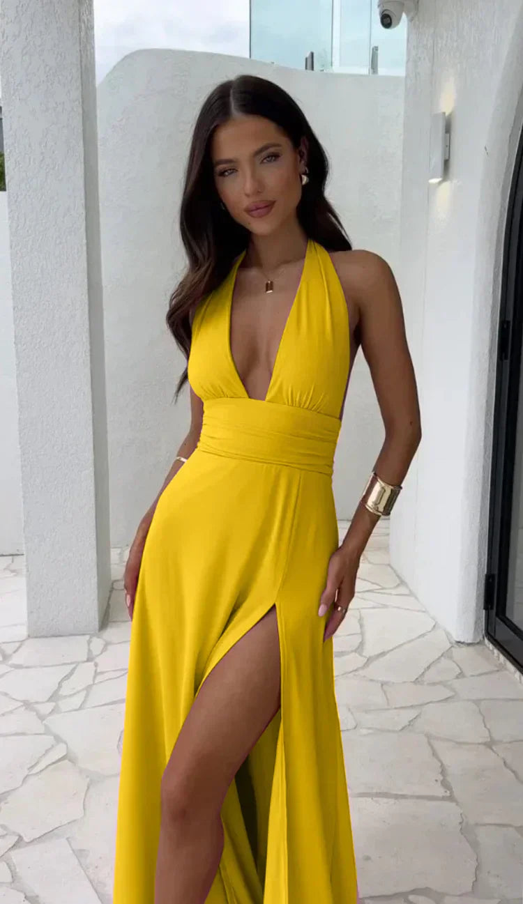 Madisuna™ - Sexy Deep V-Neck Split Solid Color Dress