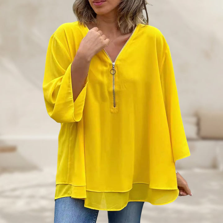 Mediva™ - Chiffon Zipper Top With V-neck