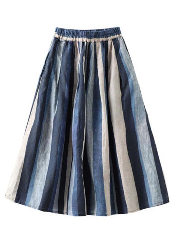 Elegant Navy Retro Striped A Line Summer Skirts Linen