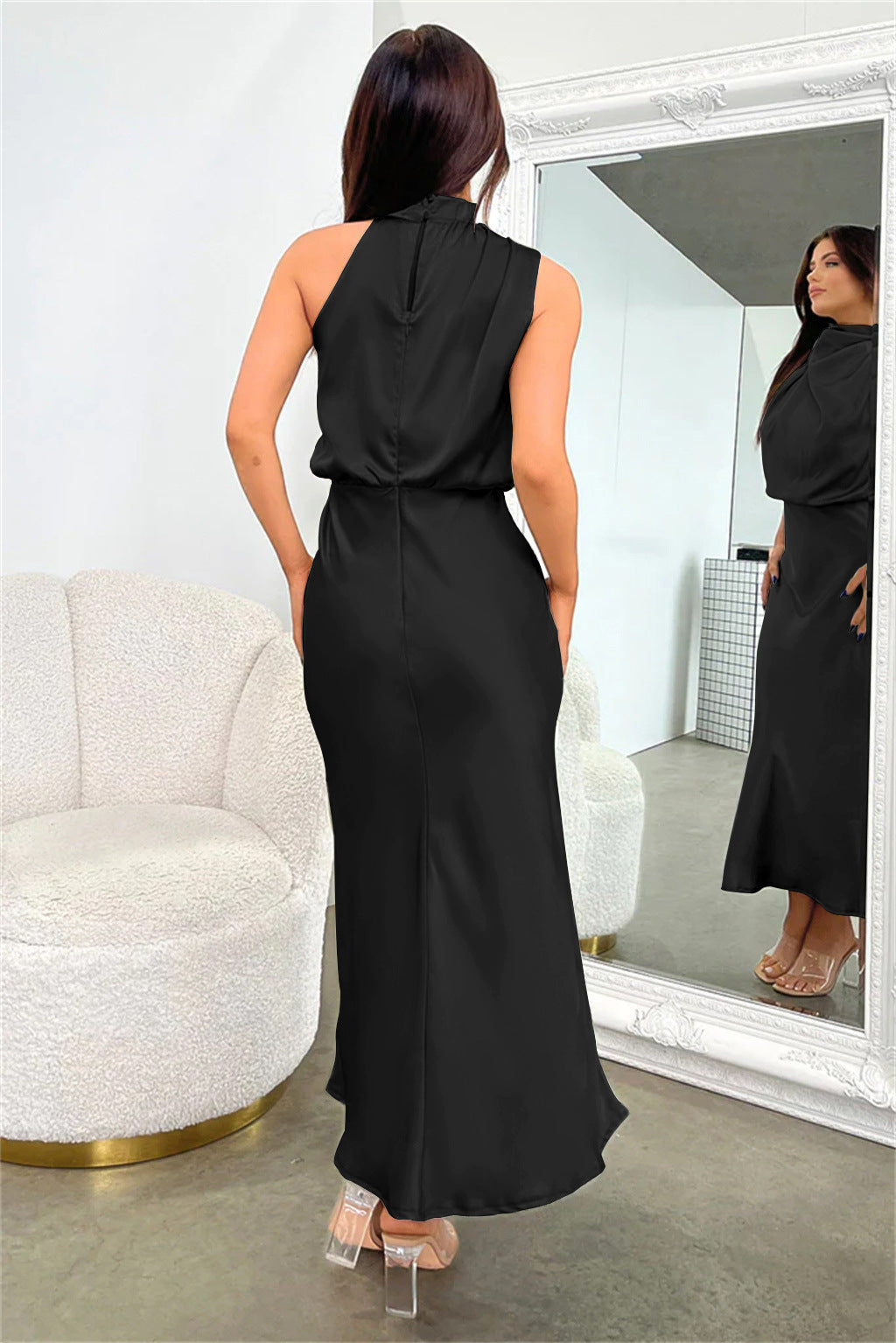 Valoria™ - Halter Neck Satin Maxi Dress