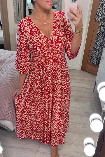 Bohemian casual print V-neck waist wrap long dress