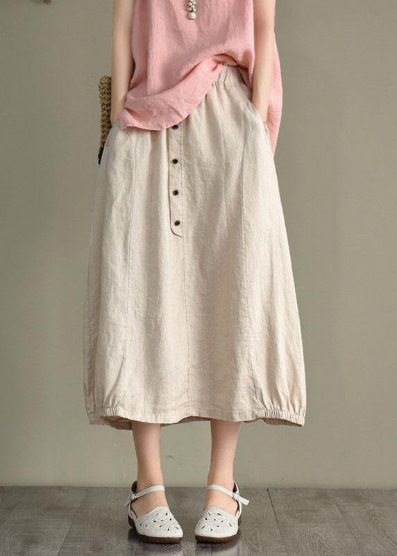 Women Khaki Linen Elastic Waist Button Skirt