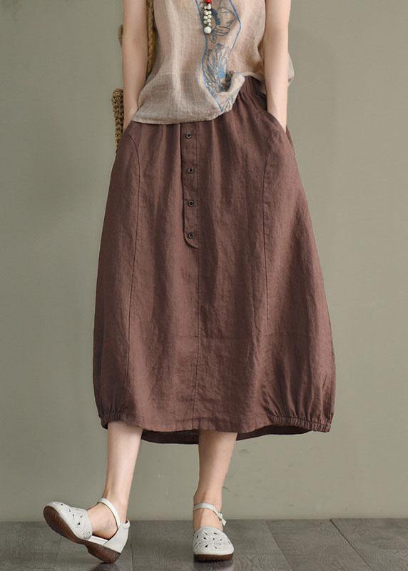 Women Khaki Linen Elastic Waist Button Skirt