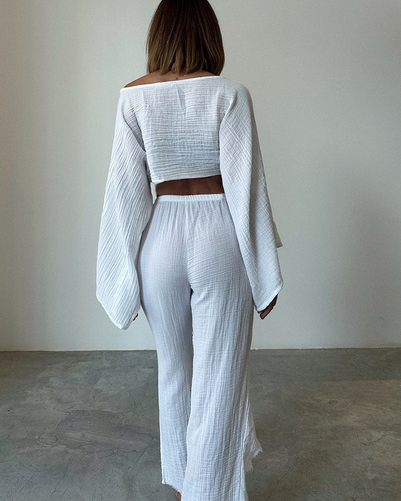 Woven lace-up cotton and linen two-piece set