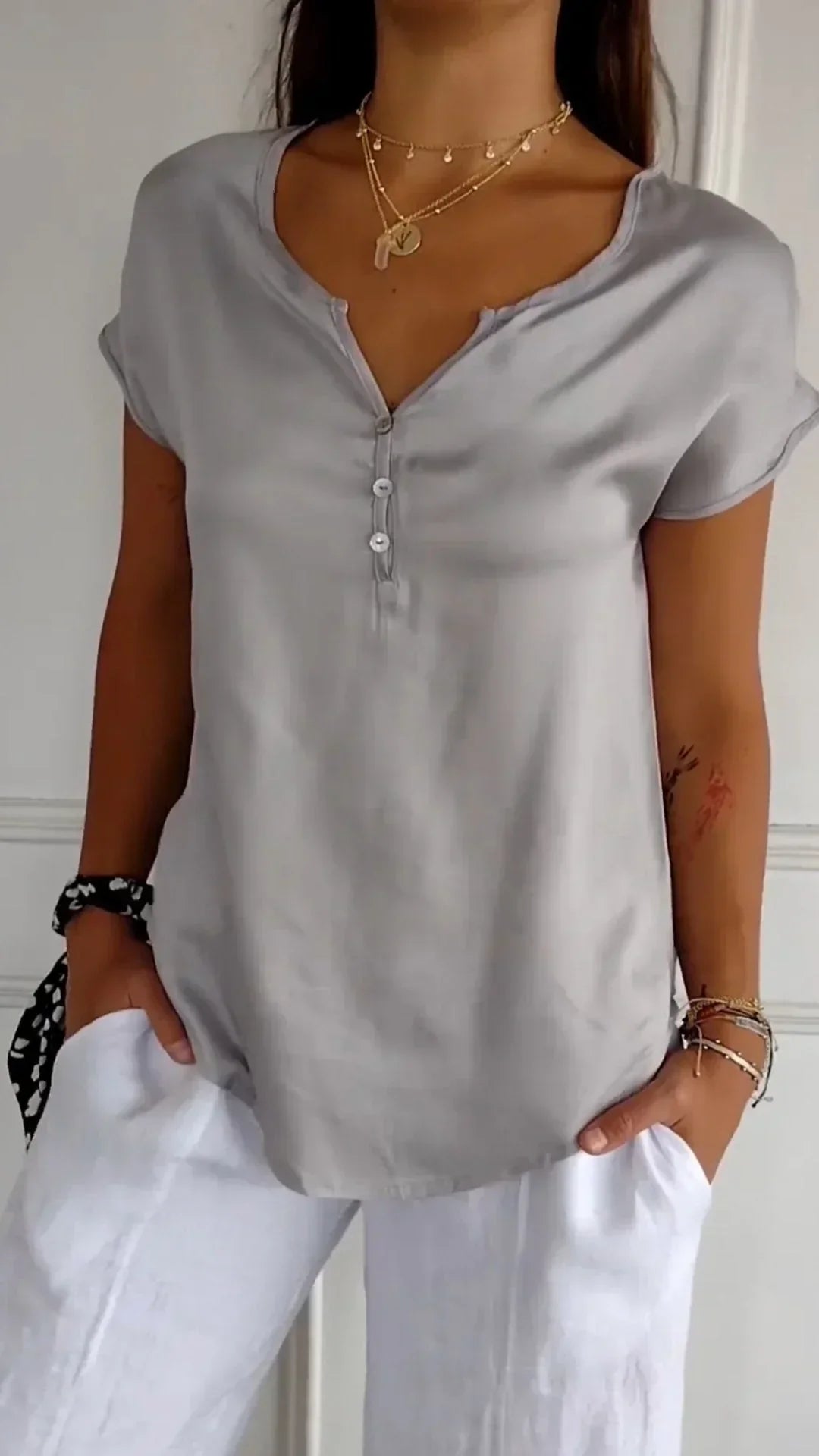 Fiorena™ - Satin Top with V-neck and Button Closure