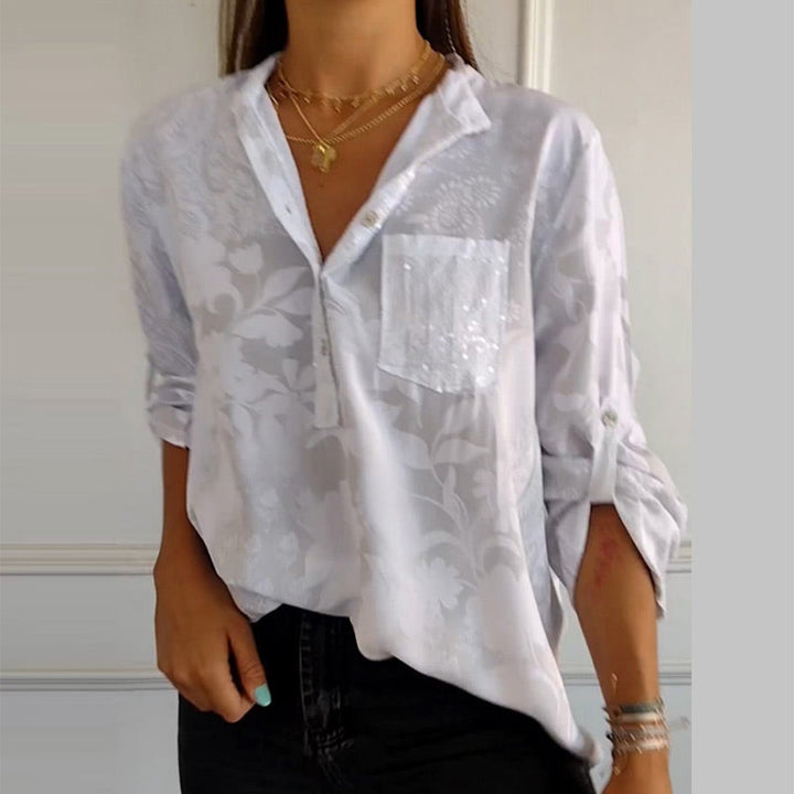 Romesa™ - Printed V-neck Half Button Top