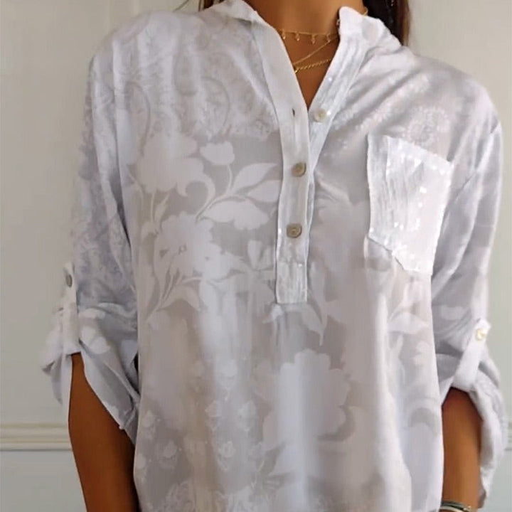 Romesa™ - Printed V-neck Half Button Top