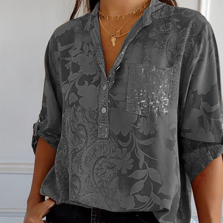 Romesa™ - Printed V-neck Half Button Top