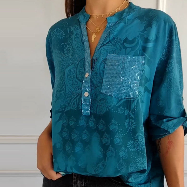 Romesa™ - Printed V-neck Half Button Top